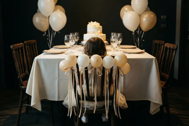 Een kind zit met de rug naar de camera aan het hoofd van een feesttafel met een wit tafelkleed, een taart met meerdere verdiepingen en glazen, met een ballonnenslinger aan de stoel.