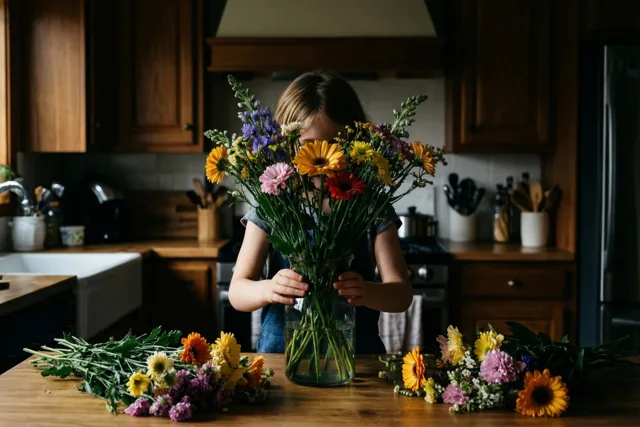 Een jong kind houdt in een houten keuken een glazen vaas met een groot kleurrijk boeket vast dat het gezicht deels verbergt, met meer bloemen op tafel.