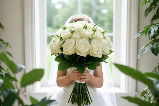 Een jong kind in een witte jurk staat bij een raam met een groot boeket witte rozen voor het gezicht en groen op de voorgrond.
