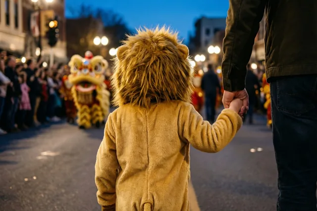 Een kind in een leeuwenpak loopt bij schemering aan de hand van een volwassene door een straat met warme lantaarns, met een traditionele leeuwendans op de achtergrond.
