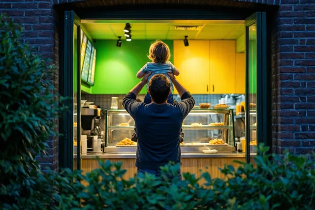 Een vader tilt een klein kind op aan de toonbank van een helder verlicht frietkot, omlijst door donkere bakstenen muren en groen gebladerte.