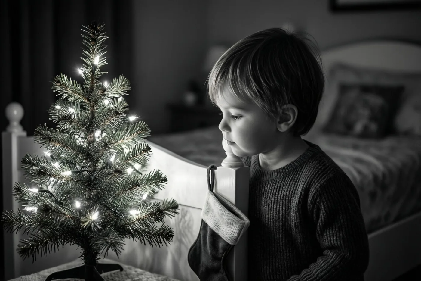Een zwart-witfoto toont een jong kind dat 's nachts in een slaapkamer naar een klein verlicht kerstboompje kijkt.