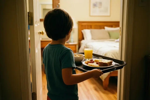 Een jong kind draagt met de rug naar de camera een ontbijtplateau een warm verlichte slaapkamer met houten vloer en meubels binnen.