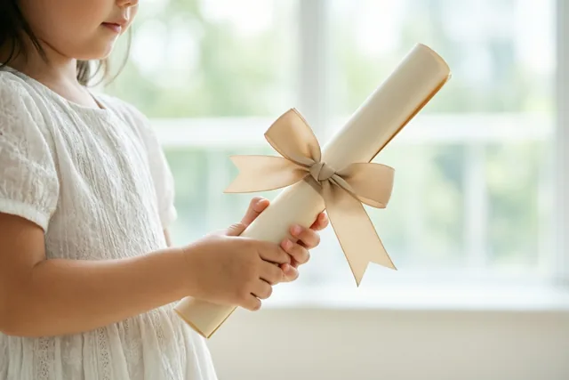 Een jong kind in een wit jurkje houdt een opgerold diploma met een beige strik vast in zacht licht, met een wazig raam op de achtergrond.