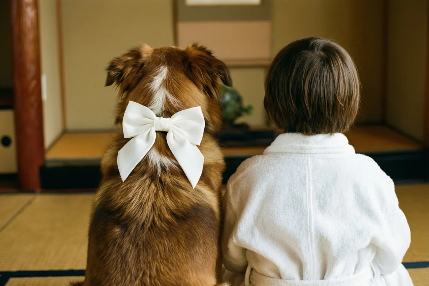 Een hond met een witte strik en een kind in een wit gewaad zitten met de rug naar de kijker naast elkaar op een tatamimat in een traditionele kamer in Japanse stijl.