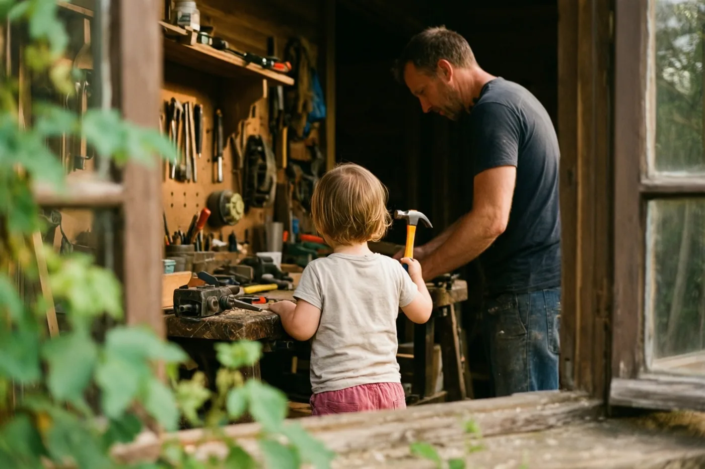 Een jong kind met een speelgoedhamer staat naast zijn vader aan een werkbank in een houten werkplaats, met warm natuurlijk licht en groen op de voorgrond.