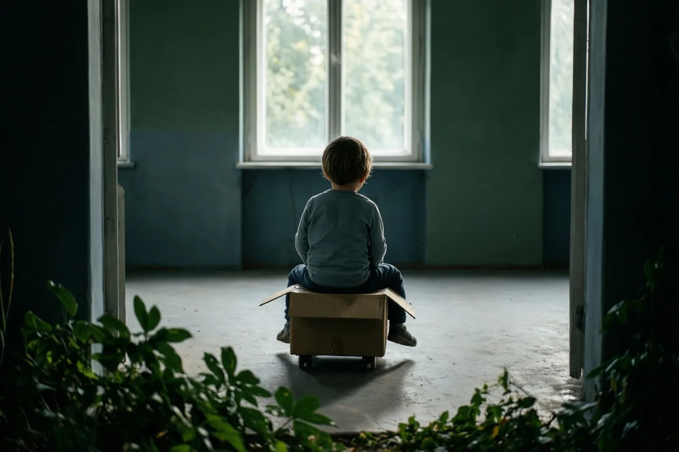 Een klein kind zit met de rug naar de kijker op een kartonnen doos met wielen in een lege kamer met groene muren, grote zonnige ramen en groen op de voorgrond.