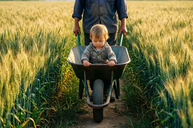Een klein kind zit in een kruiwagen die door een volwassene met zichtbare handen door een veld met rijpe tarwe wordt geduwd in warm goudkleurig licht.