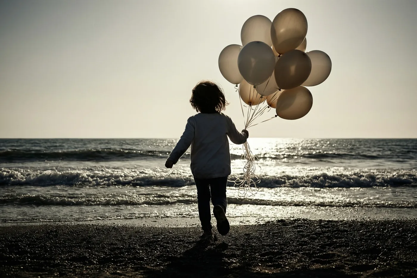 Een kind loopt van de kijker weg over het strand naar zee met een tros ballonnen, in warm goudkleurig licht en gedempte kleuren.