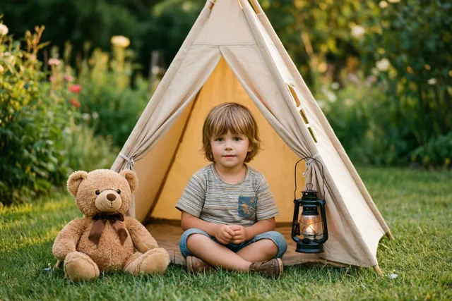 Een jong kind zit in kleermakerszit in een beige tipitent in een groene tuin, met links een bruine teddybeer en rechts een brandende lantaarn in warm zonlicht.