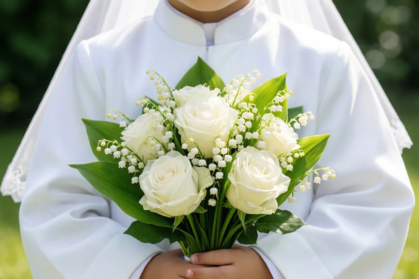 Een kind in een wit communiegewaad staat buiten met een boeket witte rozen en meiklokjes tegen een onscherpe groene achtergrond.
