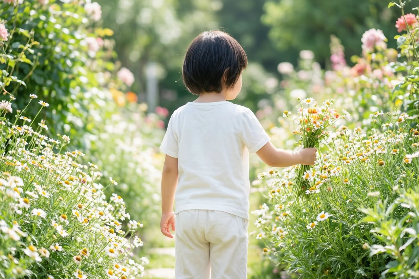 Een jong kind in witte kleren loopt van op de rug gezien met een boeket madeliefjes door een zonnige tuinborder met witte en roze bloemen.