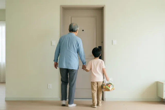 Een oudere persoon en een klein kind lopen hand in hand naar een gesloten deur in een lichte ruimte met houten vloer, terwijl het kind een plastic zak boodschappen draagt.