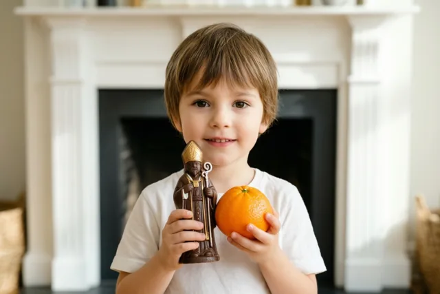 Een jong kind houdt een chocoladefiguur van een bisschop en een mandarijn vast voor een witte haard.