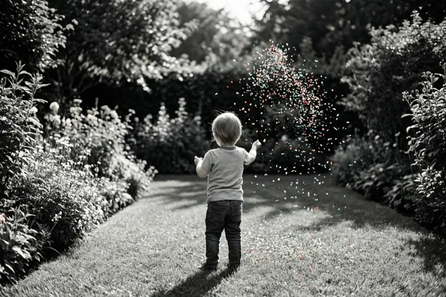 Een klein kind staat met de rug naar de camera op een tuinpad en gooit kleurrijke confetti in de lucht in een verder zwart-wit beeld.