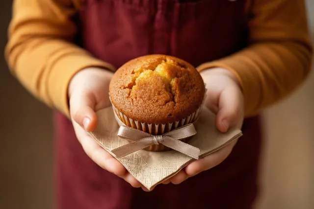 Een kind in een mosterdgeel shirt met lange mouwen en een bordeauxrode schort houdt een goudbruine cupcake in een papieren vormpje op een beige servet met lichtbruine strik voor zich.