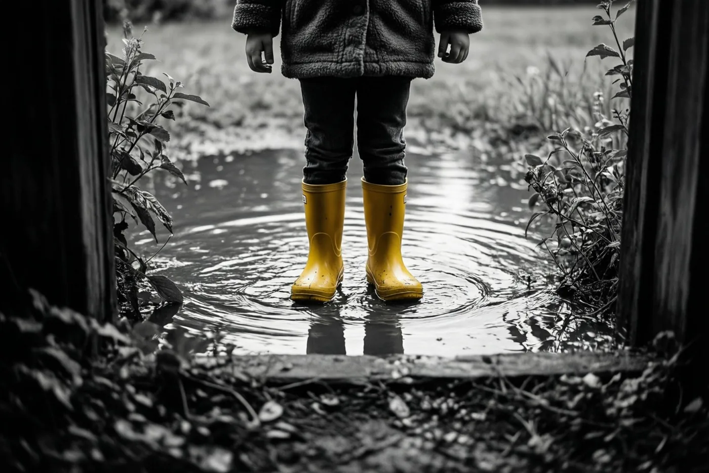 Een kind met gele regenlaarzen staat in een grote plas, gezien door een donkere houten omlijsting, waarbij alleen de laarzen kleur hebben.