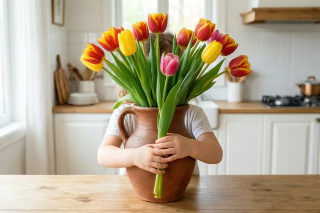 Een kind houdt een grote vaas van klei met kleurrijke tulpen vast op een houten keukentafel.