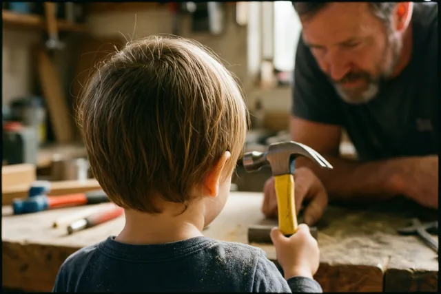 Een kind met kort bruin haar staat met de rug naar de camera en een hamer met gele steel aan een houten werkbank, terwijl een man met een baard over de bank leunt en toekijkt.