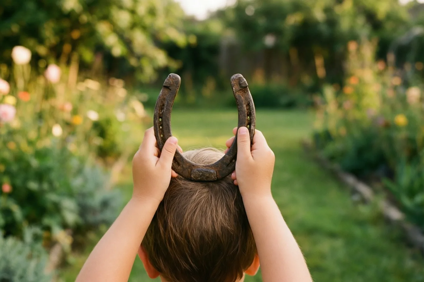 Een kind houdt met de rug naar de camera een oud hoefijzer boven het hoofd in een zonnige tuin met groen en onscherpe bloemen.
