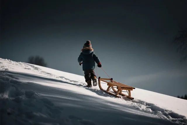 Een kind met een winterjas en muts trekt een houten slee een besneeuwde helling op onder een donkere hemel, gezien van achteren.