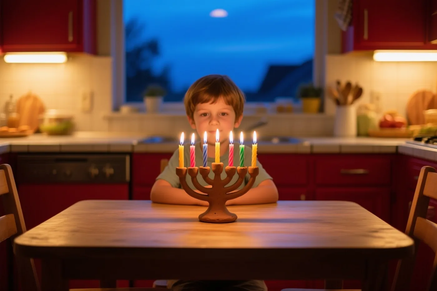 Een jong kind kijkt aan een houten keukentafel naar een kleikandelaar met zeven brandende gekleurde kaarsen, met rode keukenkasten en een blauwe schemerlucht achter het raam.