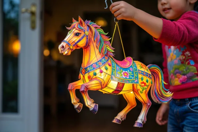 Een kind houdt een felgekleurde, lichtgevende papieren paardenlantaarn aan een haak bij een deur, in warm geel en oranje licht.