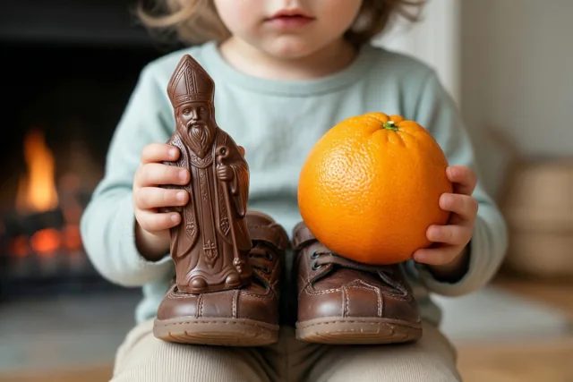 Een kind houdt een chocoladefiguur van een bisschop en een mandarijn vast, met schoenen voor een brandende haard.