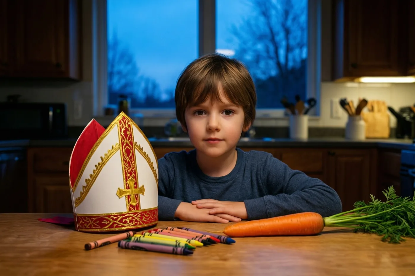 Een jong kind zit aan een houten keukentafel met een papieren mijter, waskrijtjes en een wortel, met blauwe schemerlucht achter het raam.