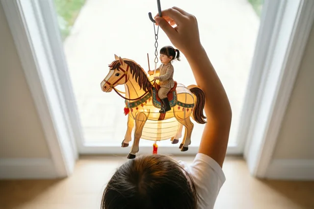Een kind houdt bij een deuropening een lichtgevende papieren lantaarn in de vorm van een paard met een ruiter omhoog aan een haak, in zacht daglicht.