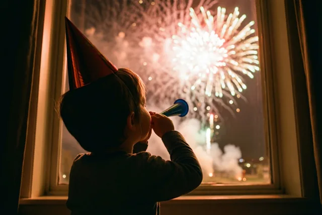 Een jong kind met een rood feesthoedje blaast met de rug naar de camera op een blauwe feesttoeter bij een raam met kleurrijk vuurwerk buiten en warm licht binnen.