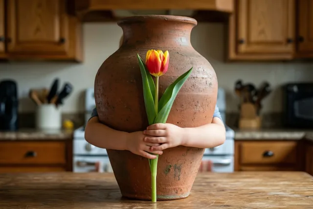 Kinderarmen omvatten een grote, scheve terracotta vaas met één rood-gele tulp op een houten keukentafel, met houten kasten op de achtergrond.