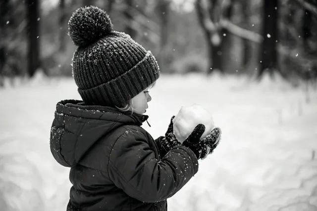 Op een zwart-witfoto houdt een jong kind met een pomponmuts en wanten, gezien van achteren, een sneeuwbal vast in een besneeuwd bos.