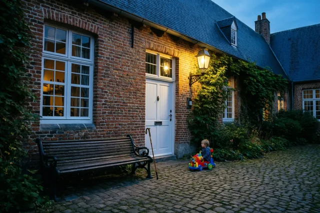 Een kind zit naast kleurrijk speelgoed op een binnenplaats met kasseien voor een bakstenen gebouw met een witte deur, verlicht door een wandlamp in de schemering.