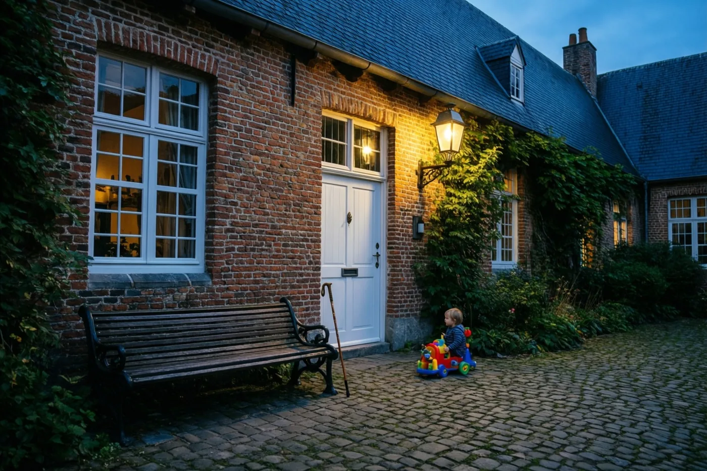 Een kind zit naast kleurrijk speelgoed op een binnenplaats met kasseien voor een bakstenen gebouw met een witte deur, verlicht door een wandlamp in de schemering.