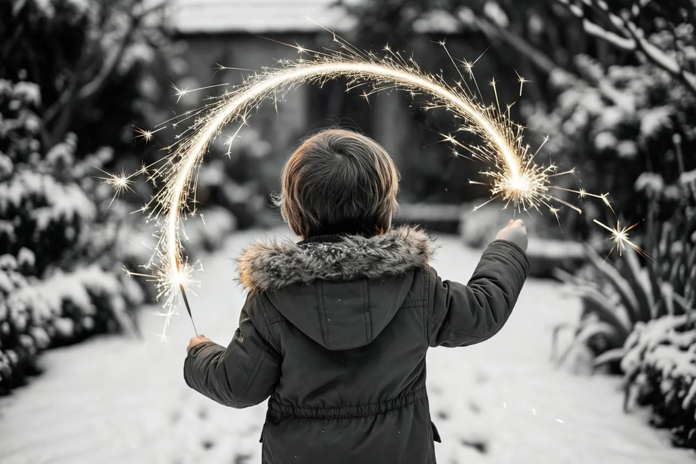 Een kind in een winterjas trekt van achteren gezien met sterretjes een lichtende boog in een besneeuwde tuin met besneeuwde struiken en bomen.