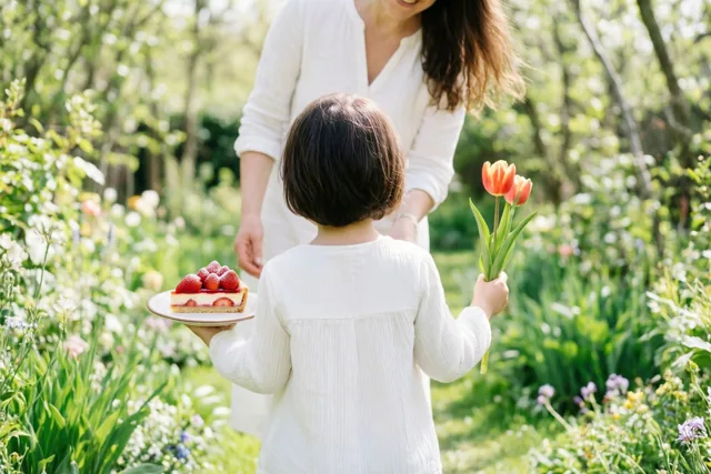 Een kind loopt van achteren gezien naar een moeder in een zonnige tuin, met een bord met een stuk aardbeientaart in de ene hand en oranje tulpen in de andere.