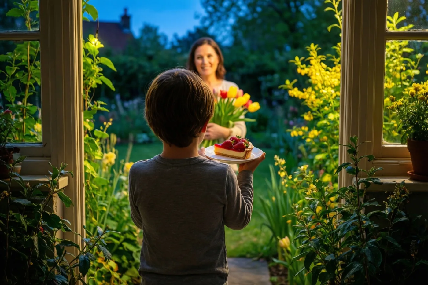 Een kind staat van achteren gezien in een deuropening met een bord aardbeientaart, tegenover een glimlachende vrouw in een tuin met groen en gele bloemen in avondlicht.