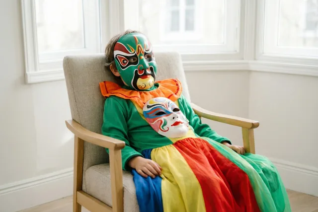 Een kind in een kleurrijk kostuum draagt een beschilderd masker en houdt een tweede masker vast, zittend op een stoel bij een raam.