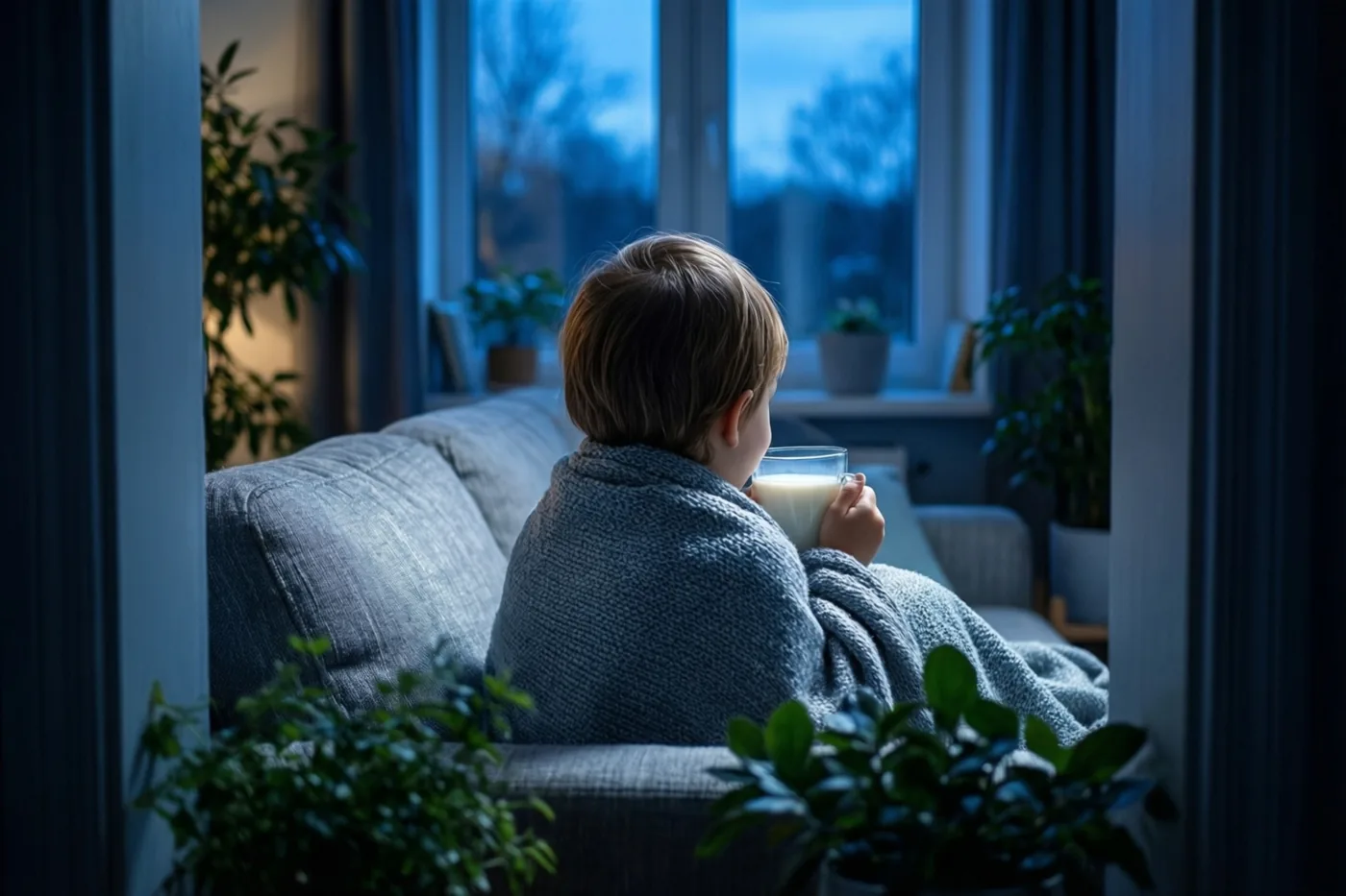 Een kind zit van achteren gezien met een mok melk onder een dikke deken op een zetel in een donkere kamer met blauwe tinten en kamerplanten.
