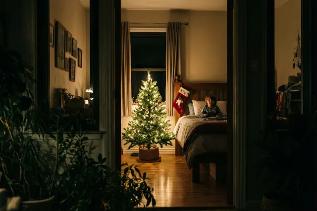 Een kind zit 's nachts op een bed naast een klein verlicht kerstboompje, met een rode kerstsok aan de bedstijl in een zacht verlichte slaapkamer.
