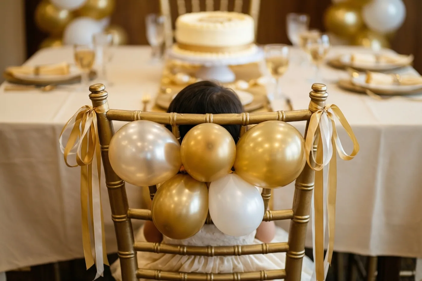 Een kind zit op een gouden stoel met gouden en witte ballonnen en linten aan het hoofd van een feestelijk gedekte tafel.