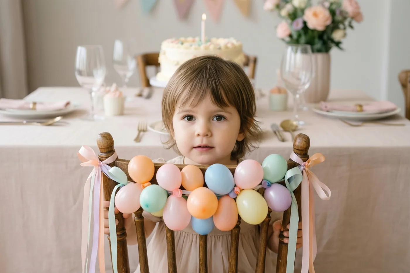 Een jong kind zit op een houten stoel met een slinger van pastelballonnen en linten aan het hoofd van een feesttafel, met een verjaardagstaart op de achtergrond.