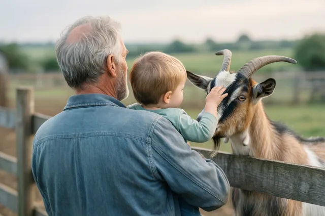 Een oudere man in een blauw jeanshemd houdt een kind vast dat over een houten hek naar een geit reikt in een landelijk veld.