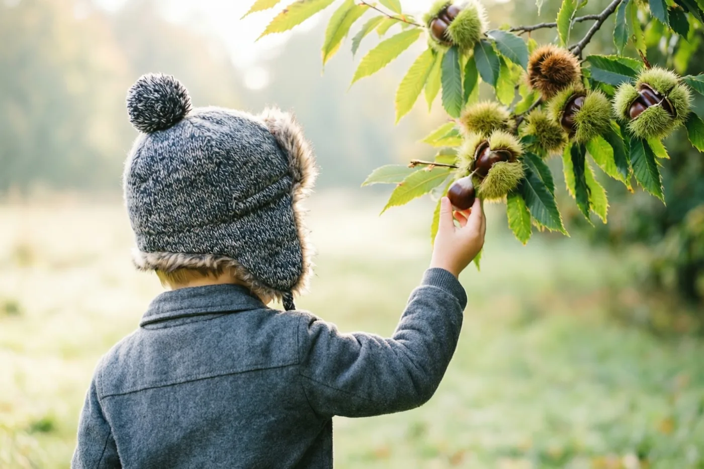 Een kind met een wollen muts reikt, van achteren gezien, naar een kastanje aan een boomtak in een herfstachtige buitenomgeving met zacht licht en groenbruine tinten.