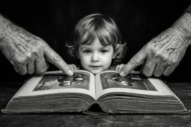 Een kind met krullen legt het hoofd op een oud, open boek terwijl twee oudere handen naar dezelfde foto wijzen, in zwart-wit.