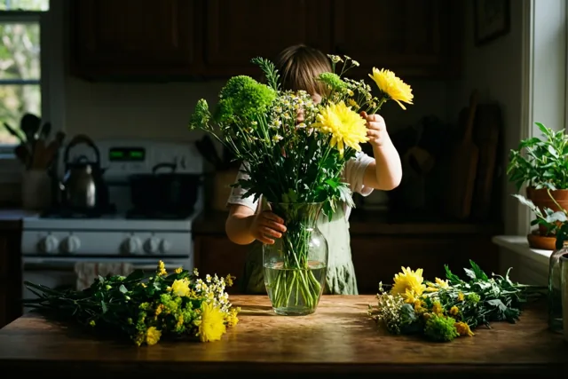 Een kind schikt een groot boeket gele en groene bloemen in een glazen vaas op een houten keukenwerkblad bij een raam.