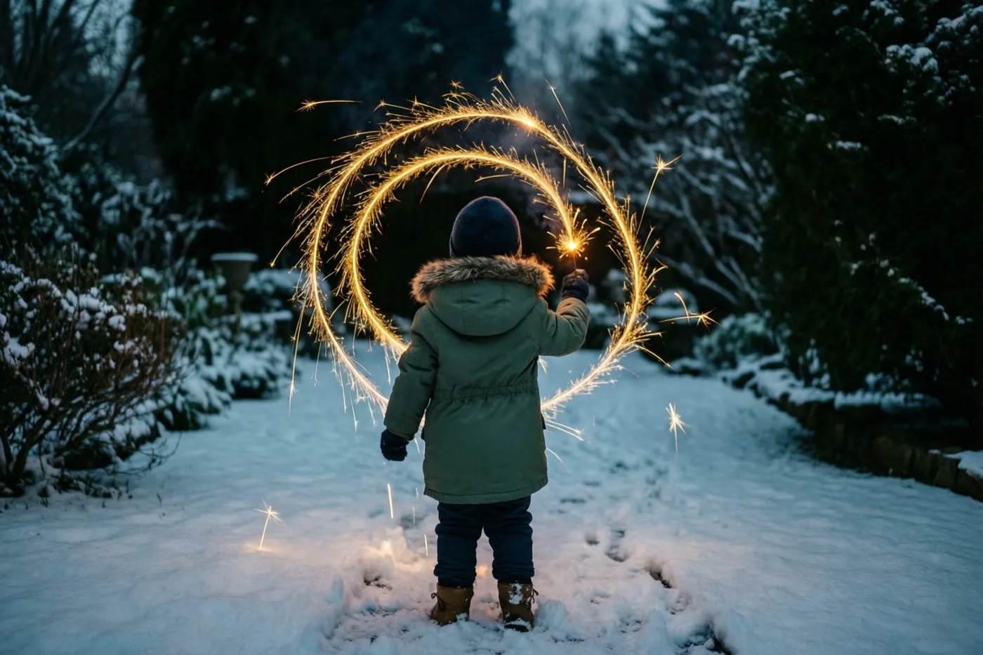 Een kind in een winterjas tekent van achteren gezien met een sterretje gouden lichtcirkels in een besneeuwde tuin met donkere bomen.