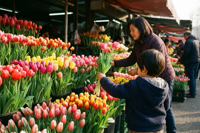 Een jong kind in een blauwe trui reikt naast een volwassen vrouw naar tulpen aan een buitenkraam met rode, roze, gele en oranje bloemen onder een marktluifel.