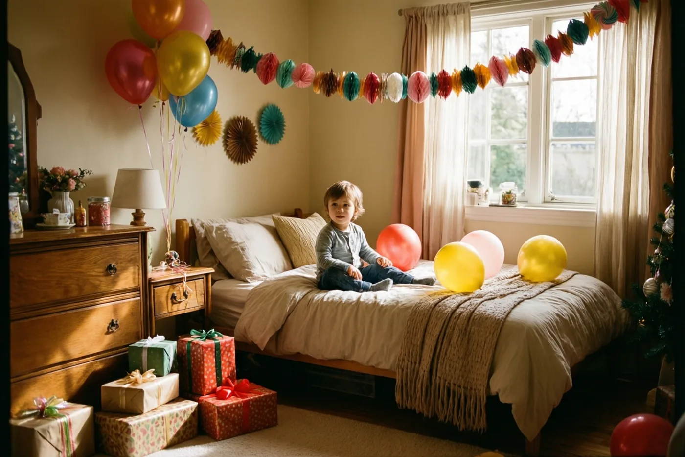 Een jong kind zit op een bed in een warm verlichte slaapkamer met kleurrijke ballonnen, papieren slingers en ingepakte cadeaus op de vloer.